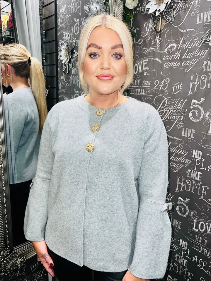Harriet Gold Button Cardigan LIGHT GREY
