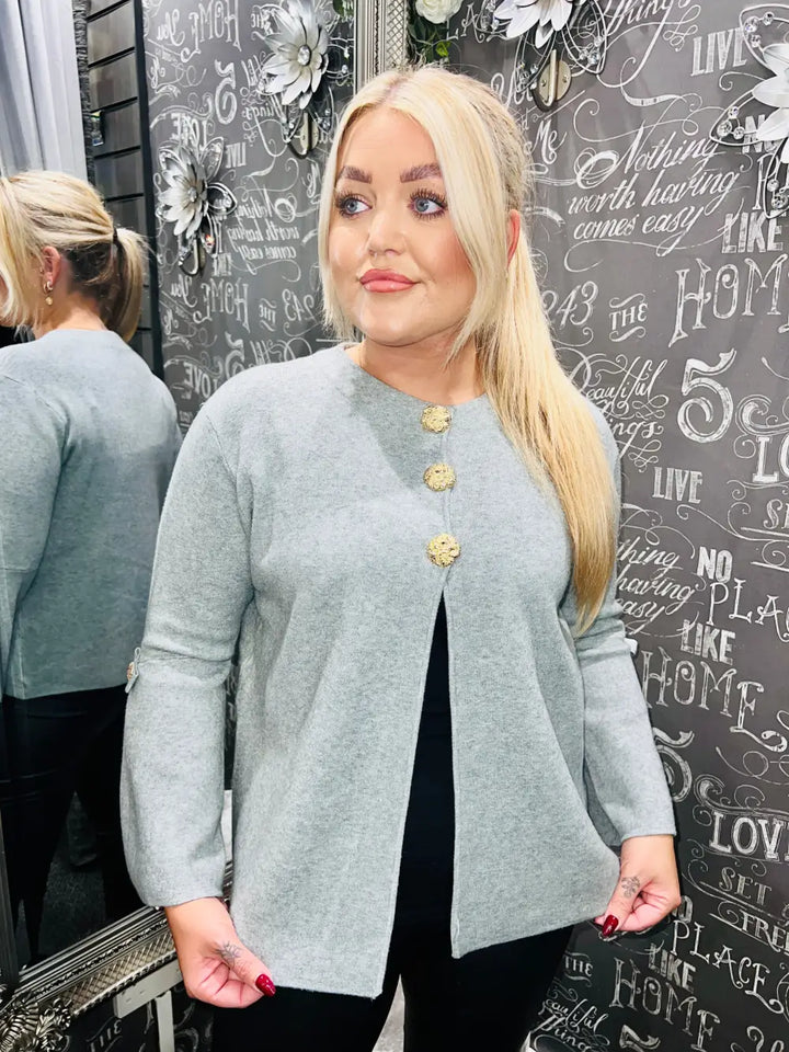 Harriet Gold Button Cardigan LIGHT GREY