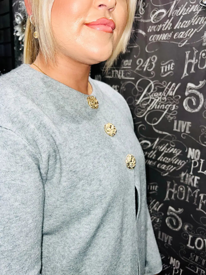 Harriet Gold Button Cardigan LIGHT GREY