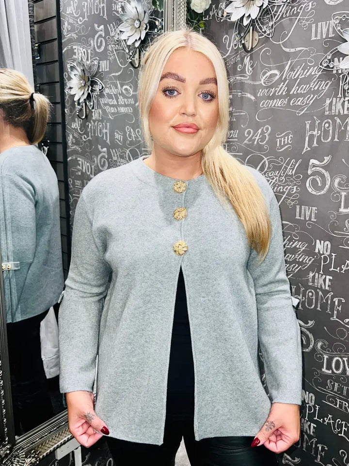 Harriet Gold Button Cardigan LIGHT GREY