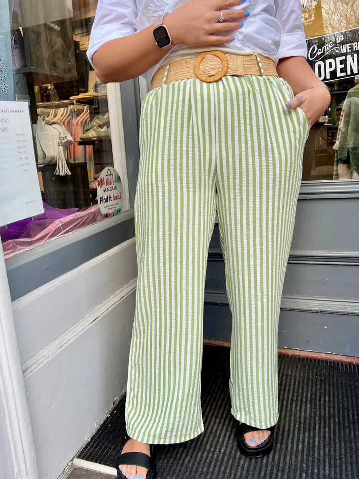 Hayley Striped Wide Leg Trousers GREEN - Trousers