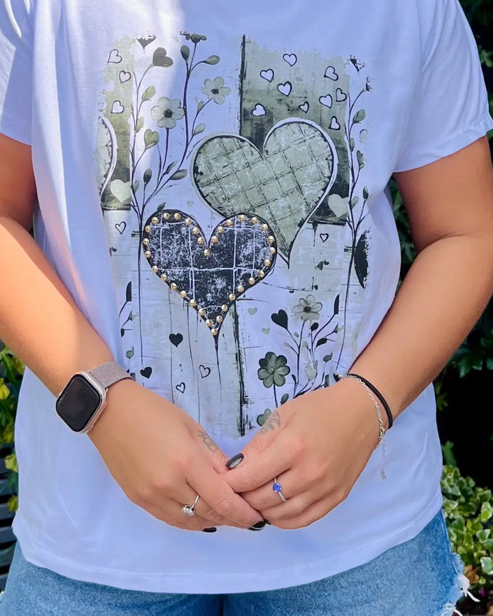 Heart Studded T Shirt KHAKI