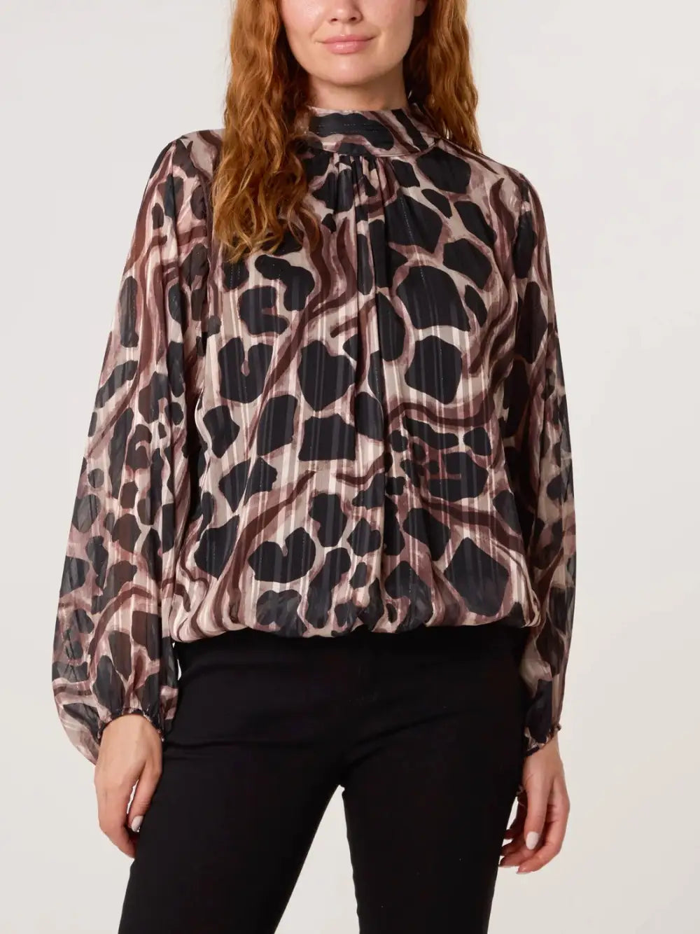 Iris Animal Print Bubblehem Blouse BLACK
