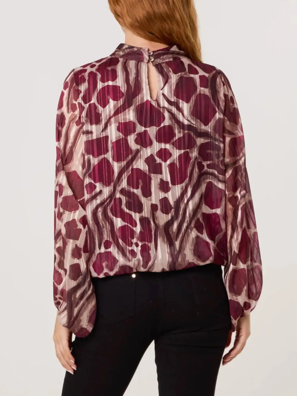 Iris Animal Print Bubblehem Blouse BURGUNDY