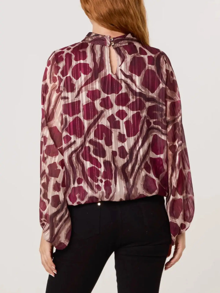 Iris Animal Print Bubblehem Blouse BURGUNDY
