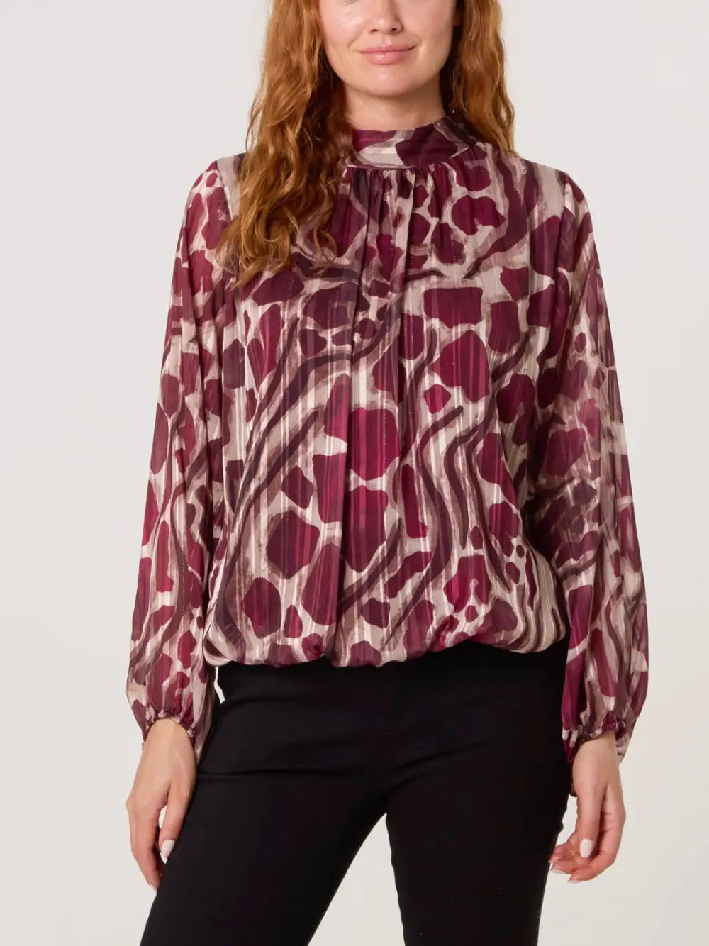 Iris Animal Print Bubblehem Blouse BURGUNDY