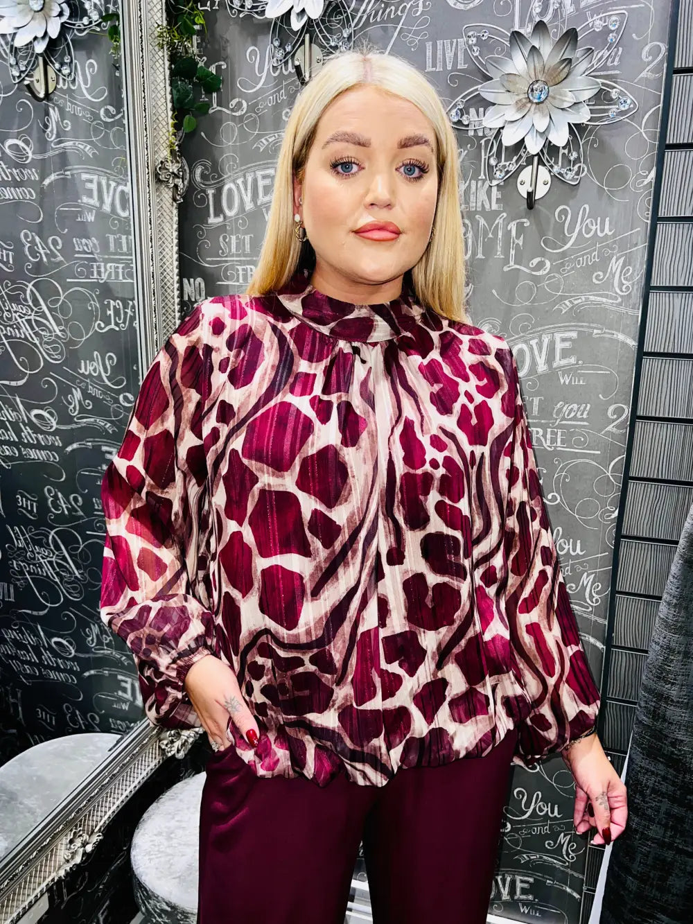 Iris Animal Print Bubblehem Blouse BURGUNDY