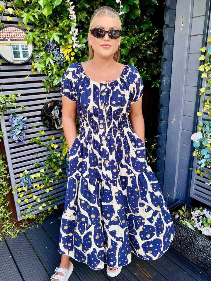 Iris Gold Foil Midi Dress NAVY