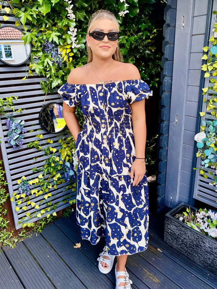Iris Gold Foil Midi Dress NAVY