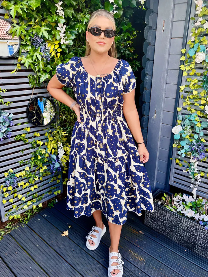 Iris Gold Foil Midi Dress NAVY