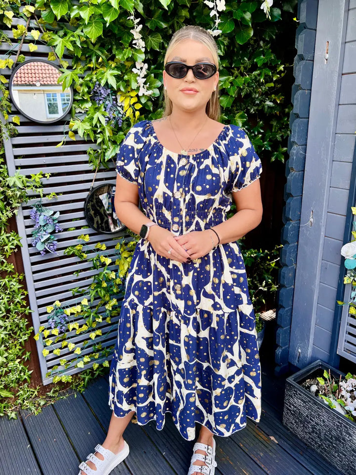 Iris Gold Foil Midi Dress NAVY
