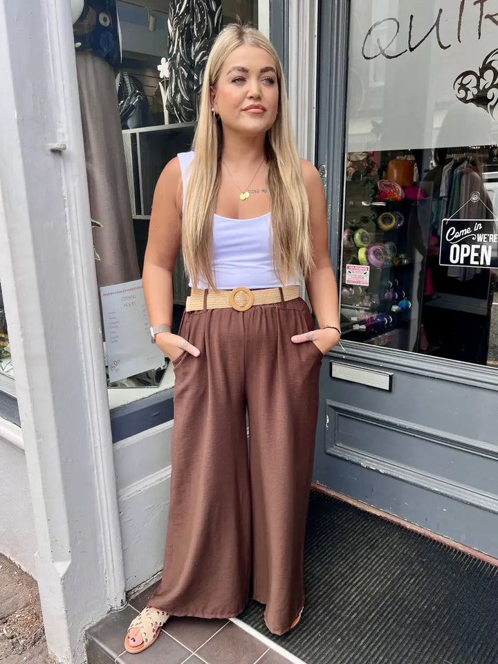 Isla Wide Leg Trousers With Belt CHOCOLATE