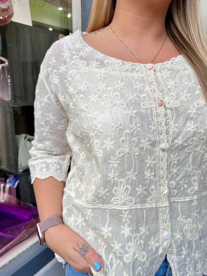 Janie Floral Embroidered Top OATMEAL - Blouse