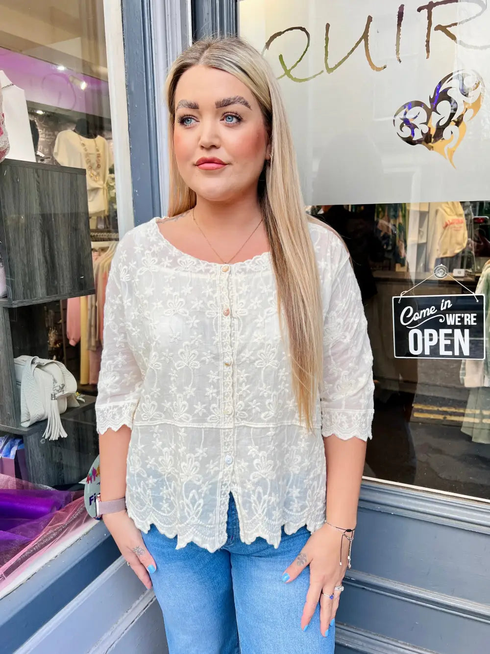 Janie Floral Embroidered Top OATMEAL - Blouse