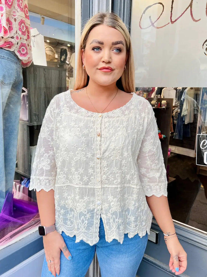 Janie Floral Embroidered Top OATMEAL - Blouse