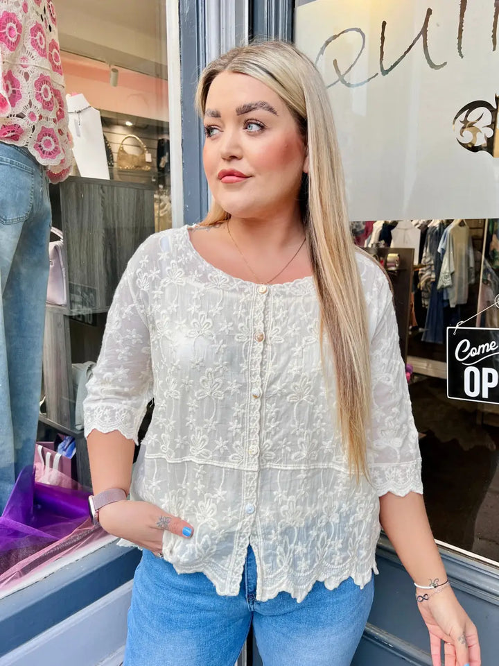 Janie Floral Embroidered Top OATMEAL - Blouse