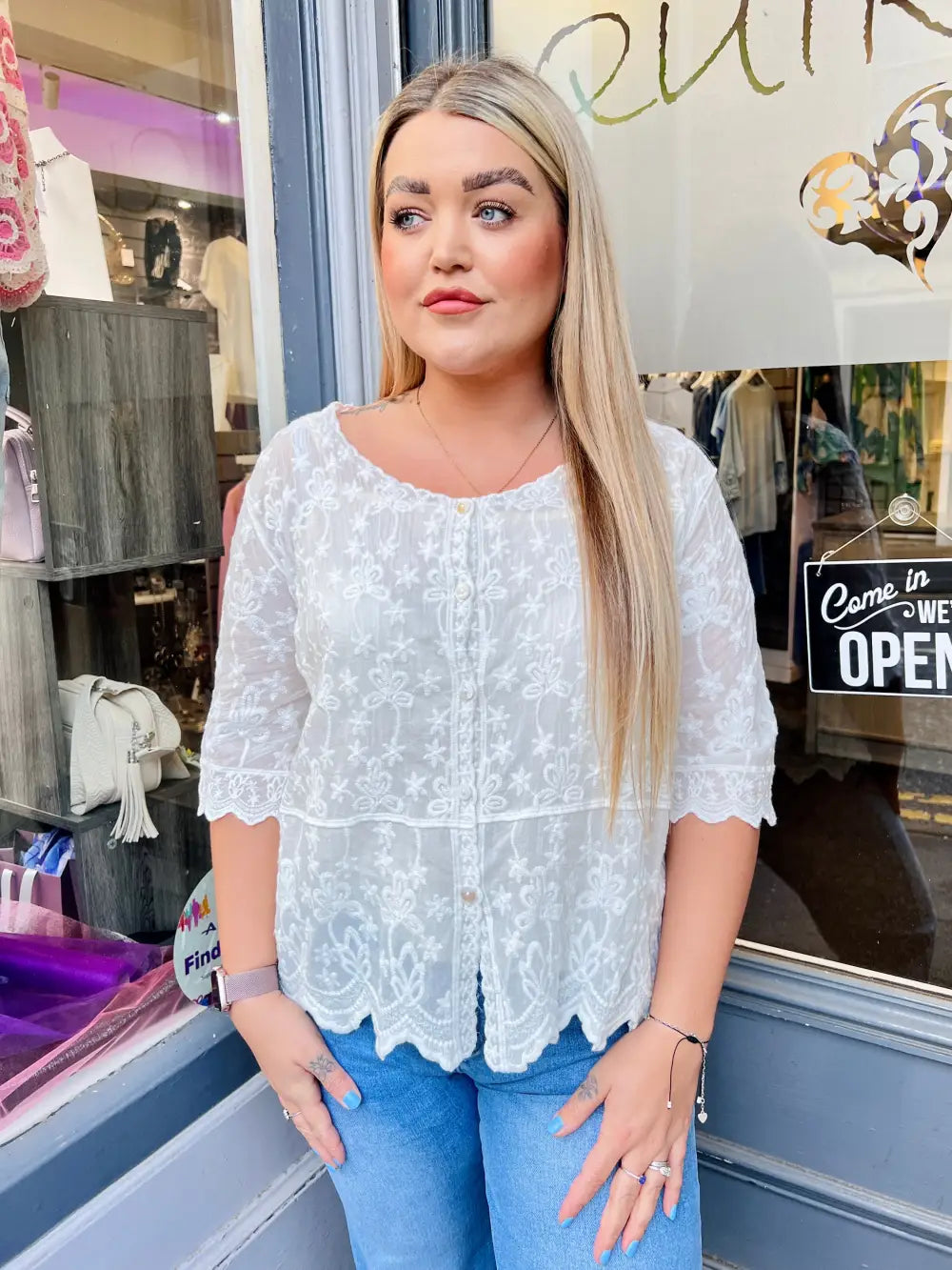 Janie Floral Embroidered Top WHITE - Blouse