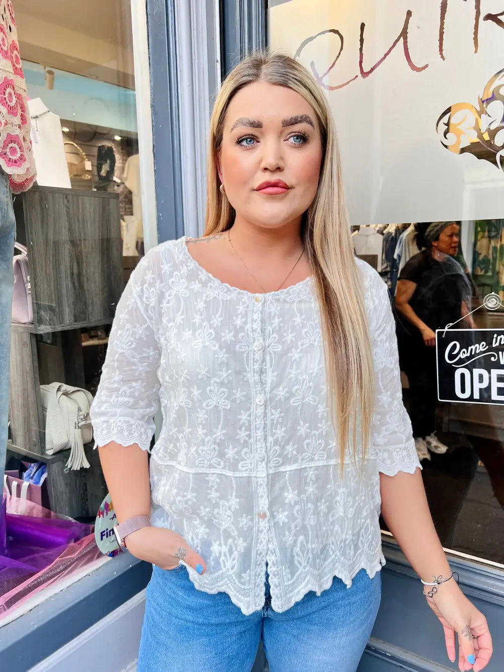 Janie Floral Embroidered Top WHITE - Blouse