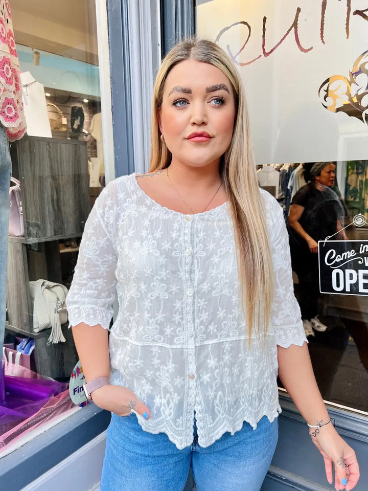 Janie Floral Embroidered Top WHITE - Blouse