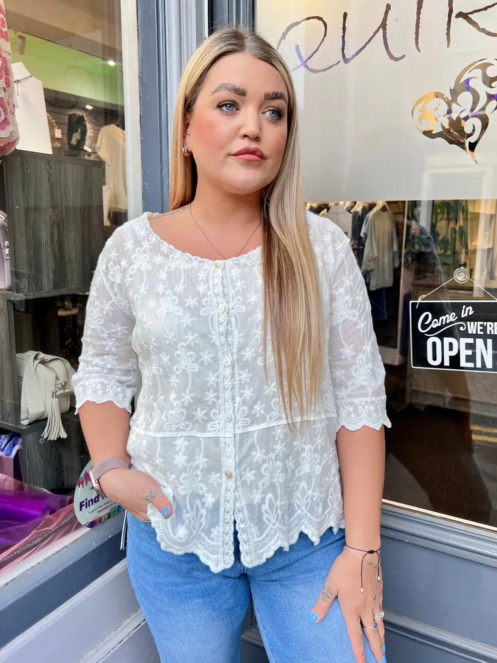 Janie Floral Embroidered Top WHITE - Blouse