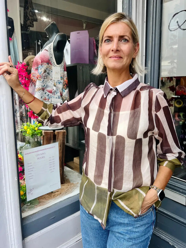 Jemma Geometric Block Blouse BROWN/OLIVE