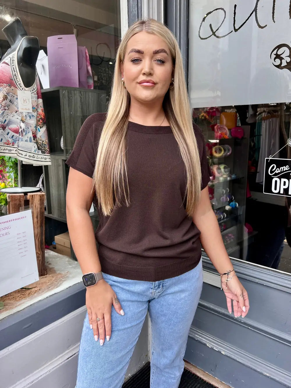 Jenna Fine Knit Short Sleeve Top CHOCOLATE