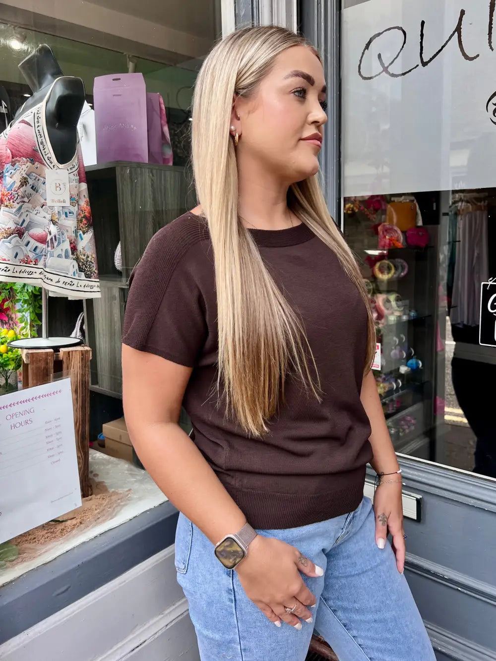 Jenna Fine Knit Short Sleeve Top CHOCOLATE