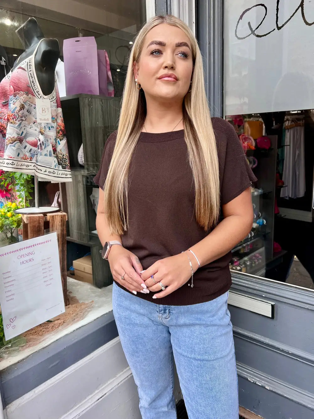 Jenna Fine Knit Short Sleeve Top CHOCOLATE