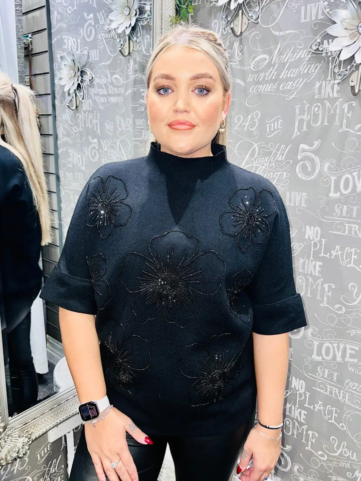 Julia Beaded Floral Jumper BLACK