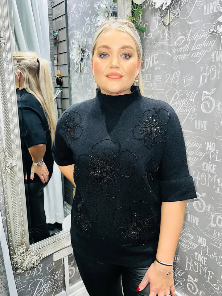 Julia Beaded Floral Jumper BLACK