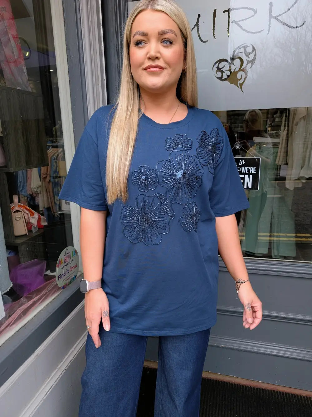Karla Beaded Flower T Shirt NAVY
