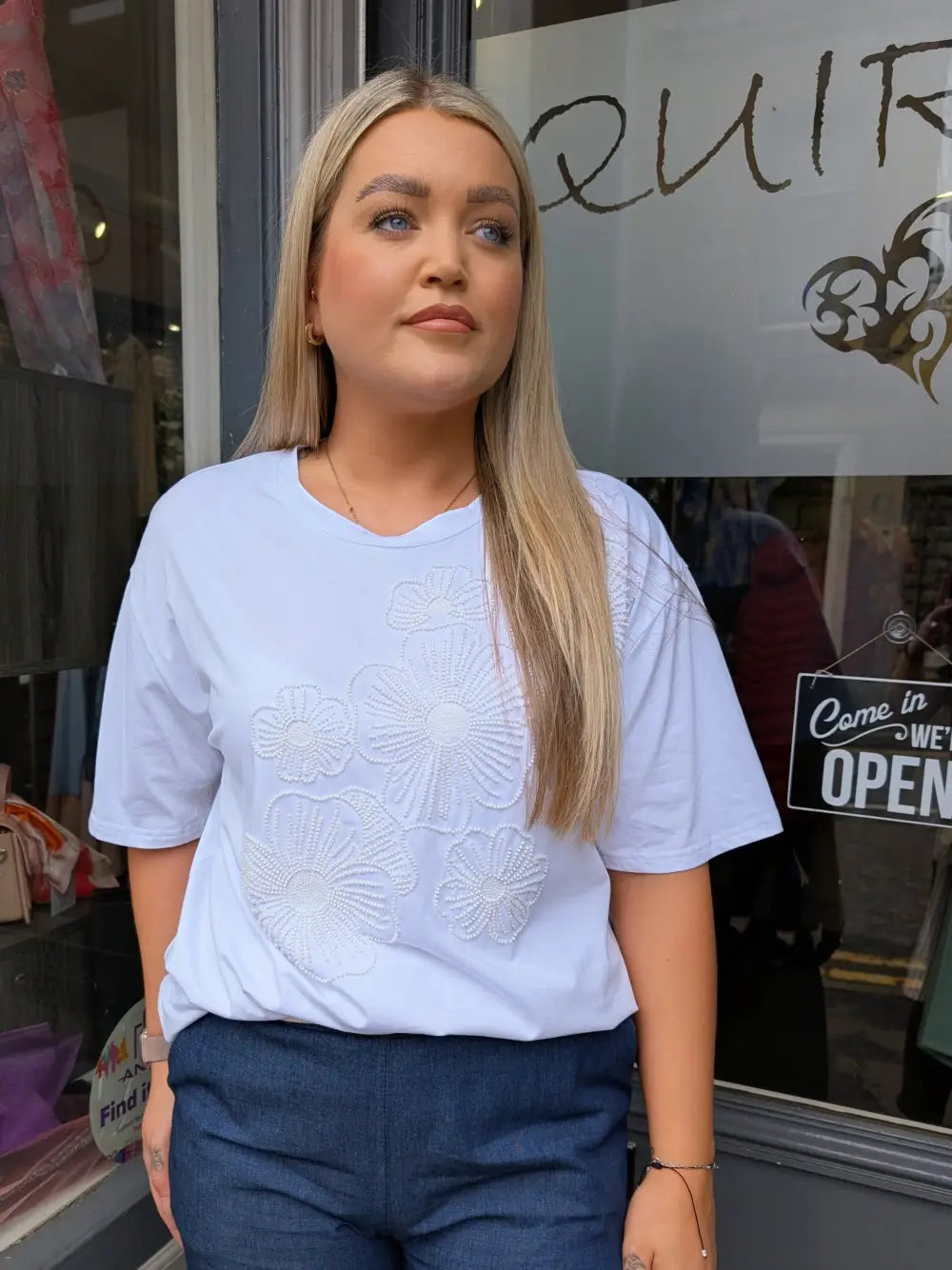Karla Beaded Flower T Shirt WHITE