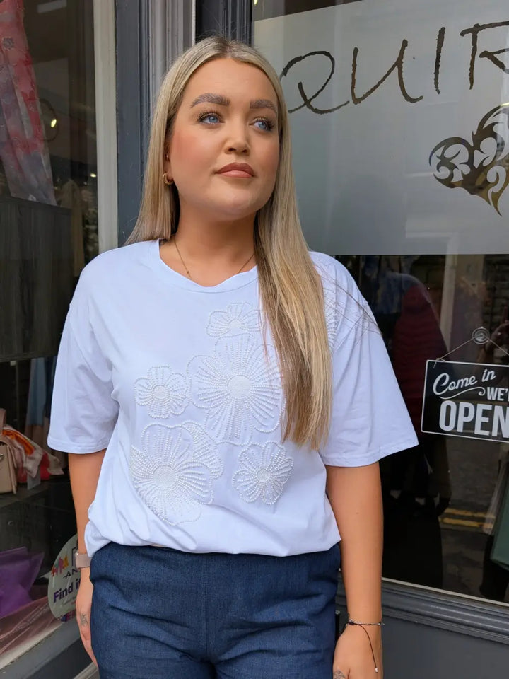 Karla Beaded Flower T Shirt WHITE