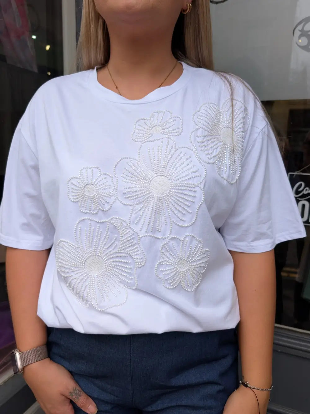 Karla Beaded Flower T Shirt WHITE