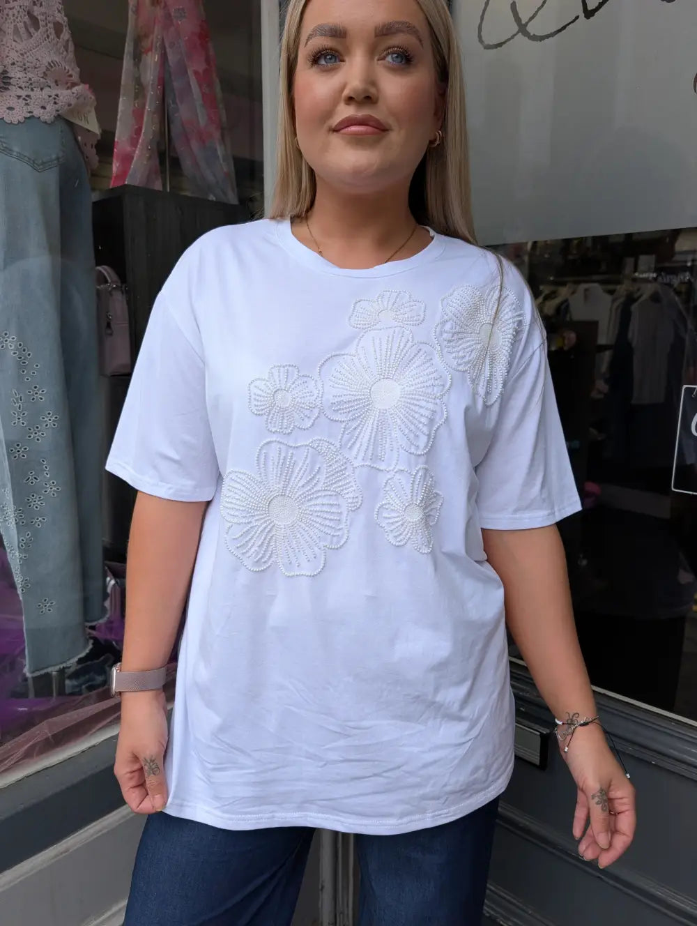 Karla Beaded Flower T Shirt WHITE