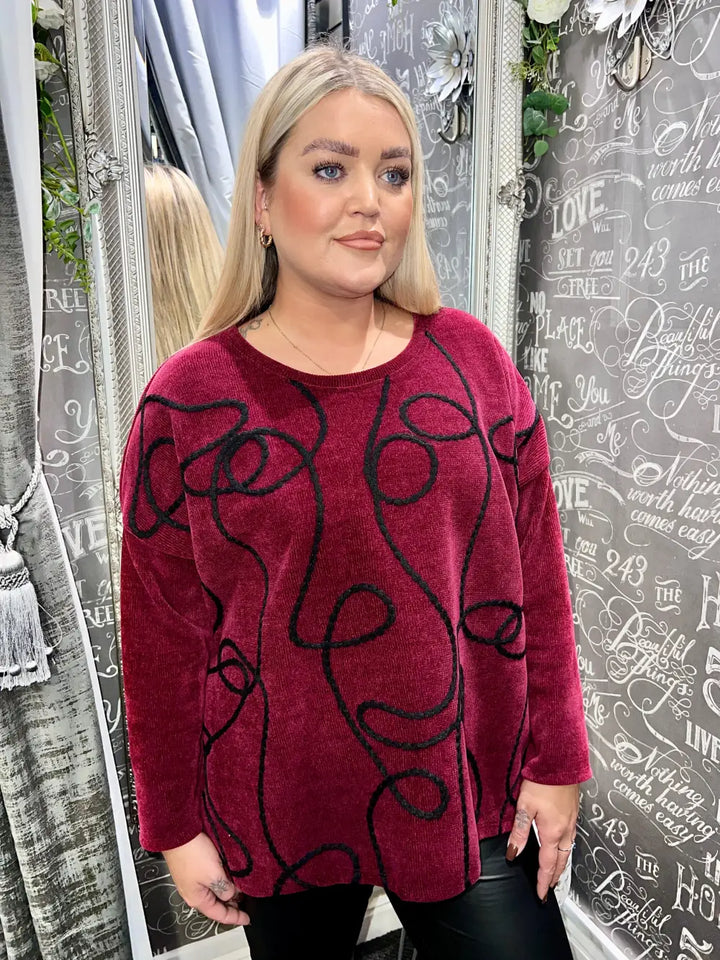Katie Chenille Embroidered Swirl Top WINE - Tops