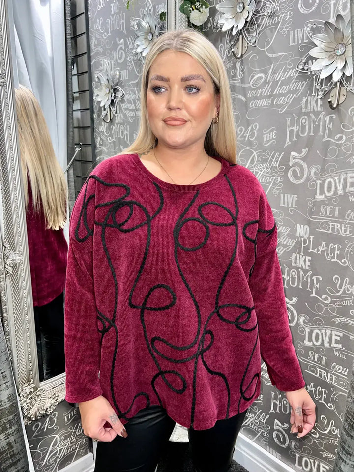 Katie Chenille Embroidered Swirl Top WINE - Tops