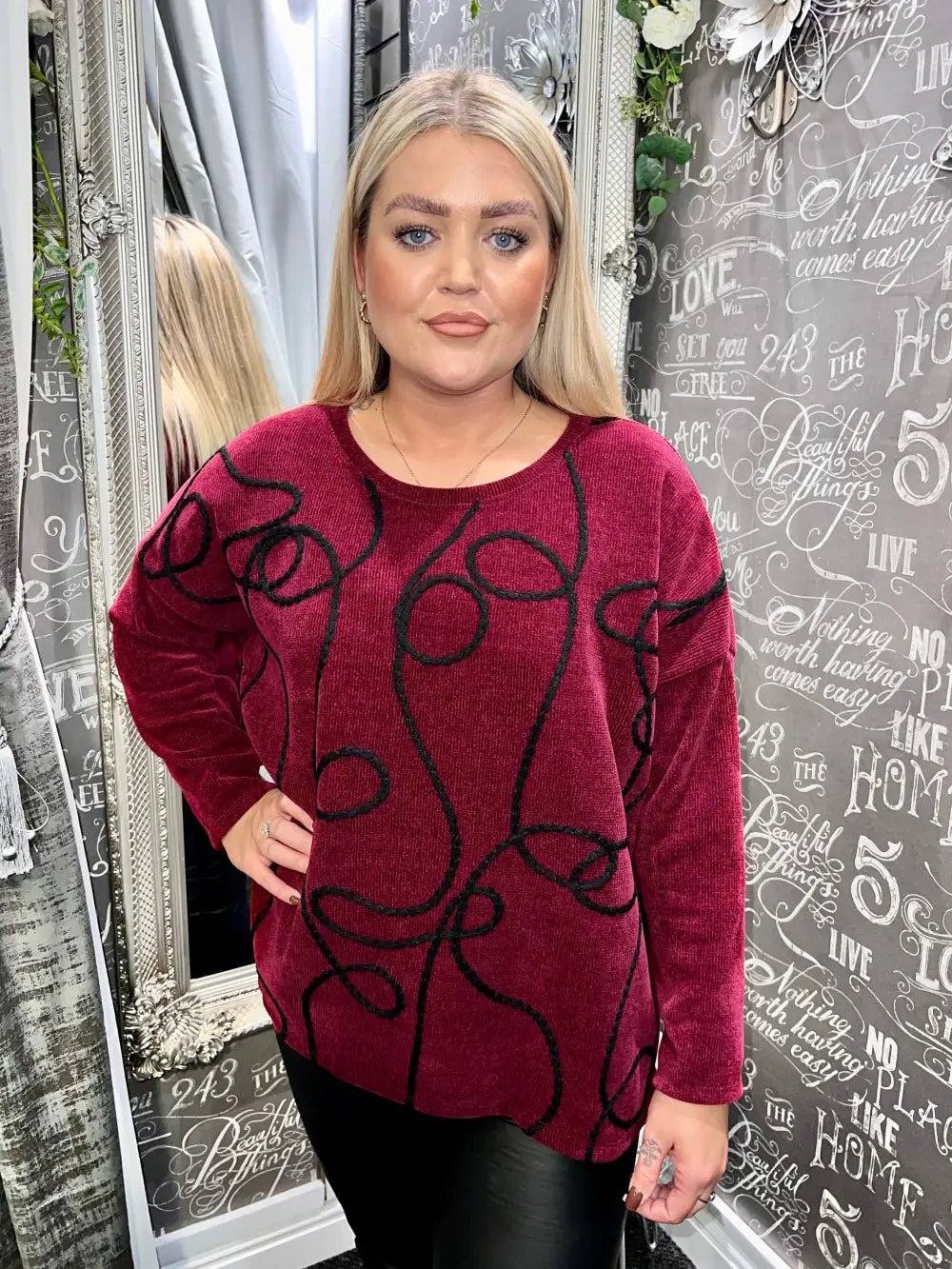 Katie Chenille Embroidered Swirl Top WINE - Tops