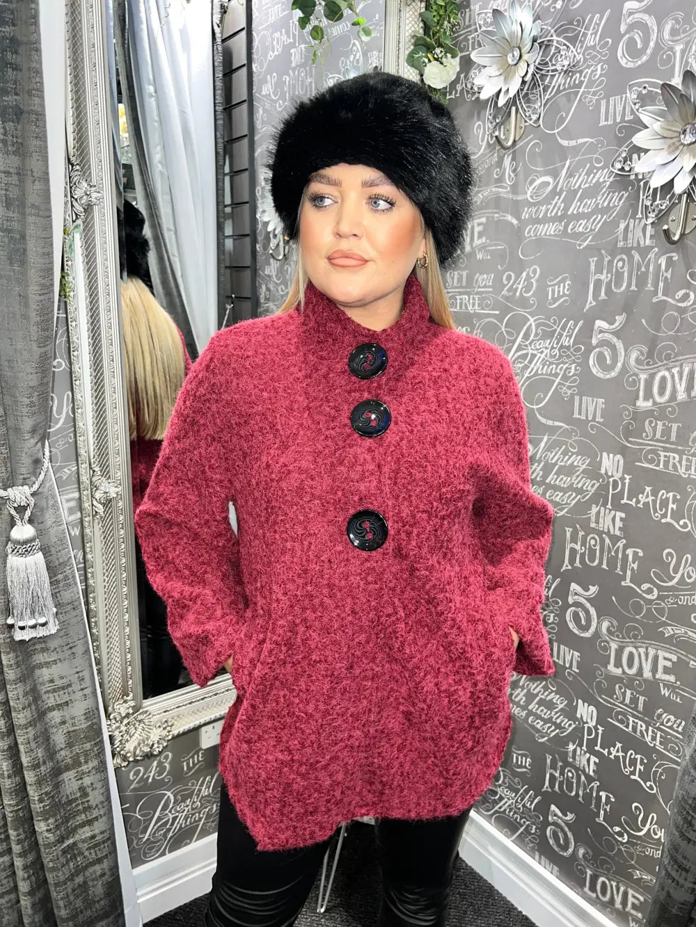Katrina Large Button Boucle Coat WINE