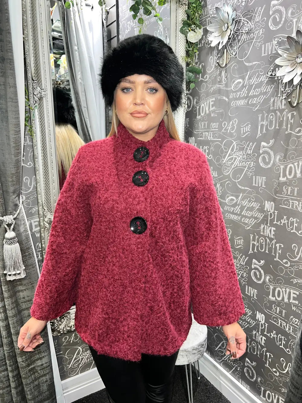 Katrina Large Button Boucle Coat WINE