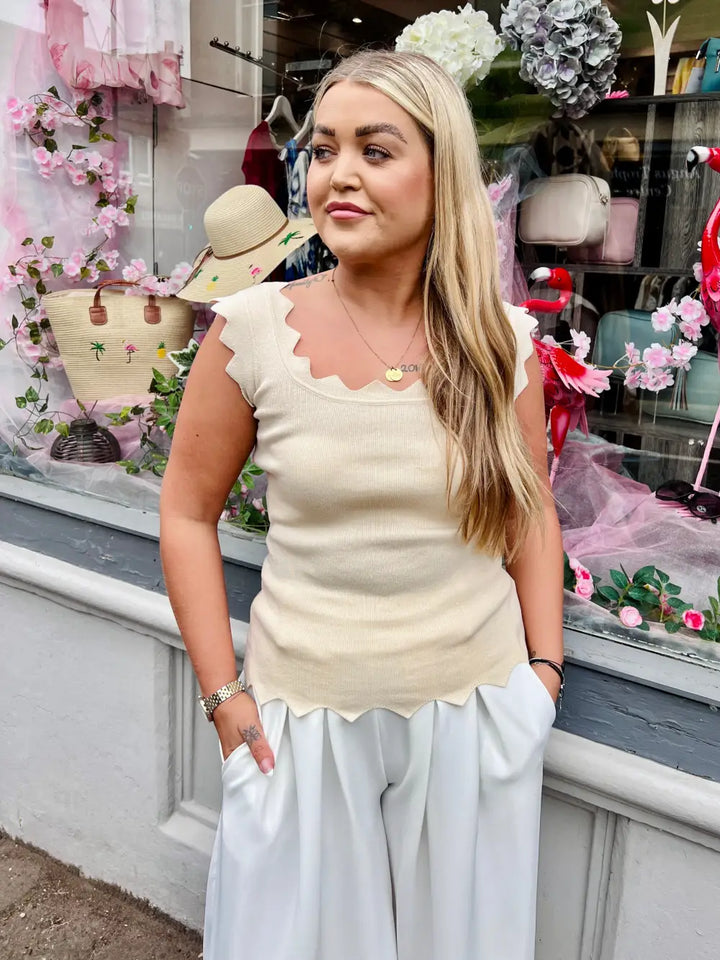 Katvia Knitted Scalloped Top BEIGE - S/M
