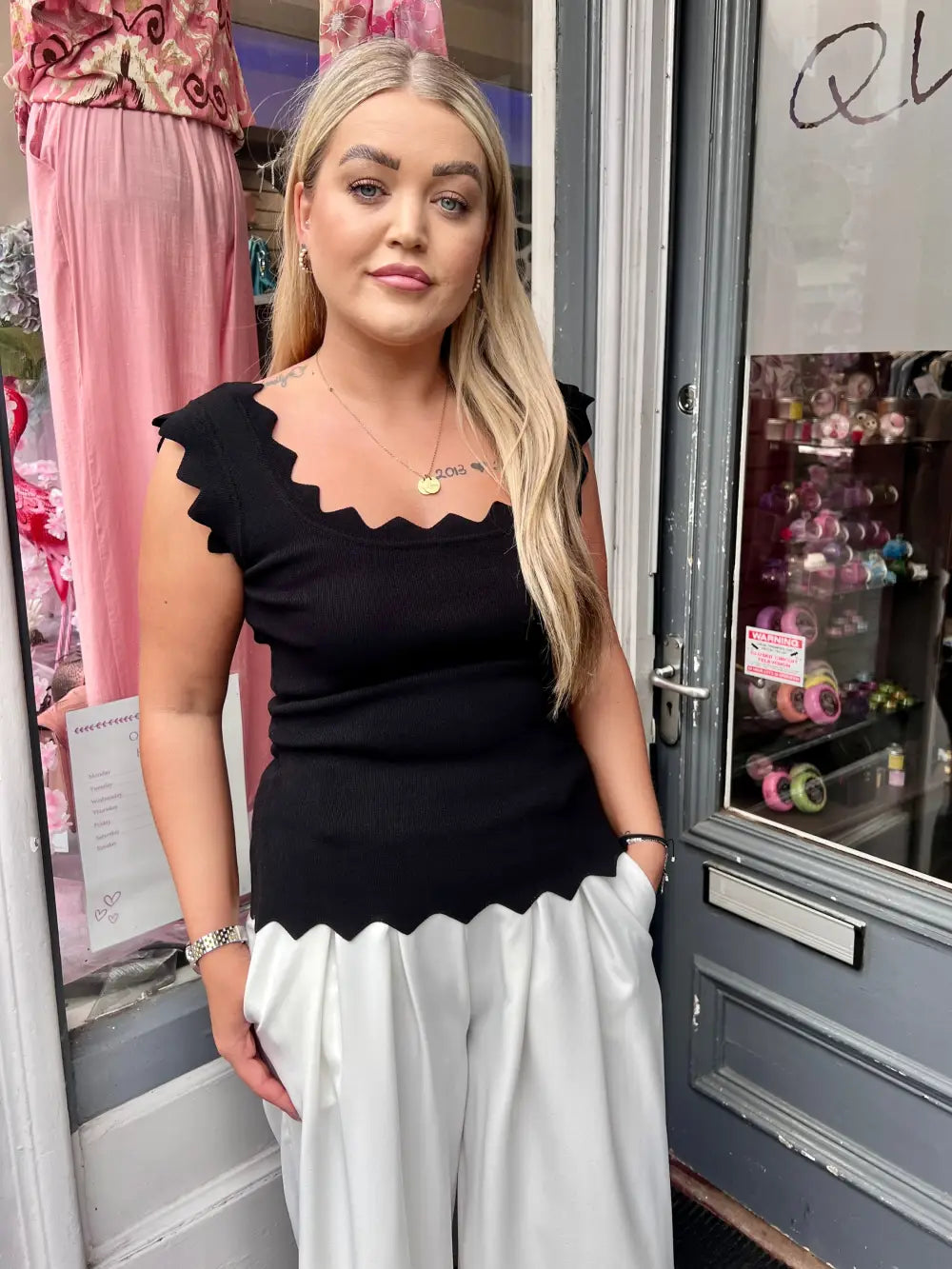 Katvia Knitted Scalloped Top BLACK
