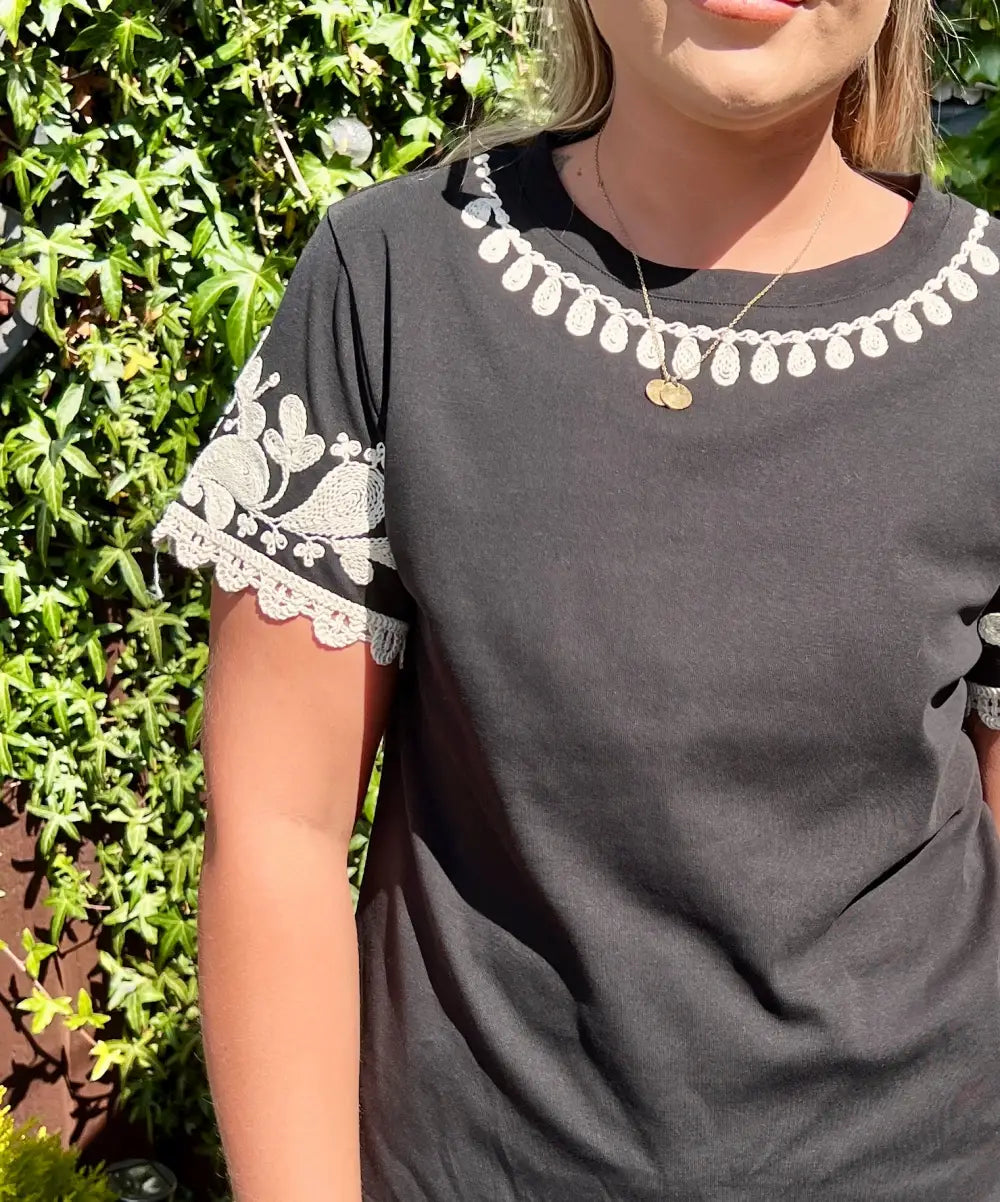 Katy Embroidered Sleeve T-Shirt BLACK