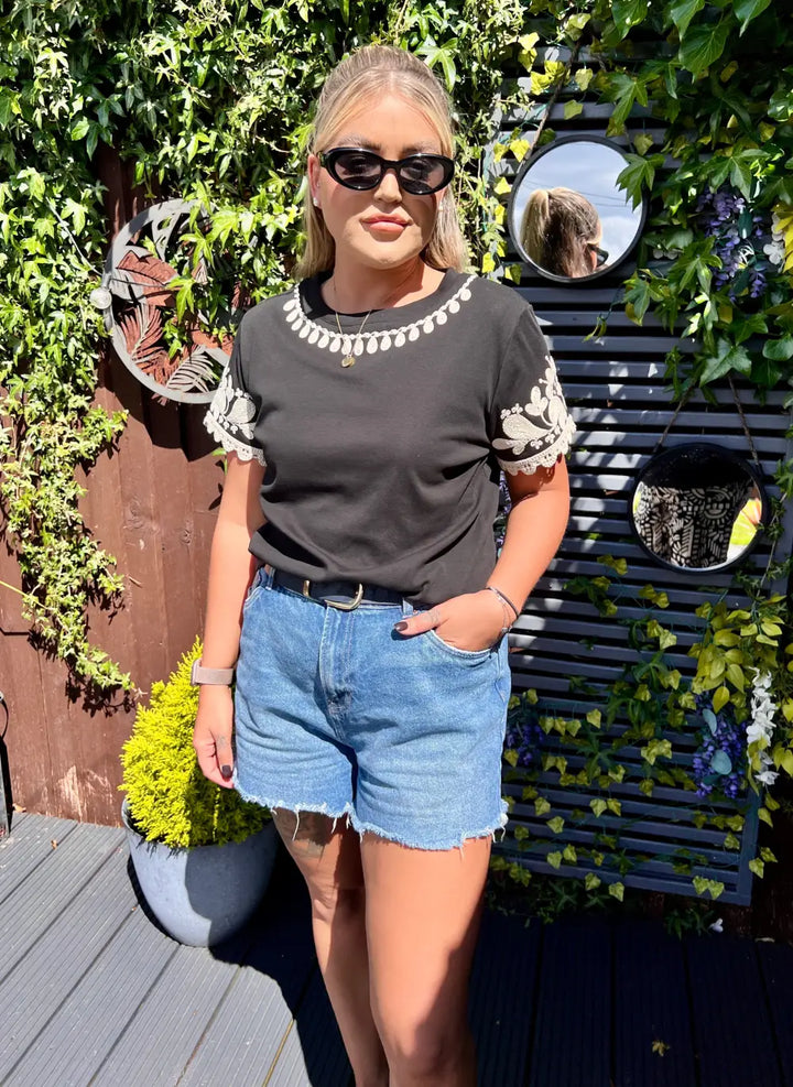 Katy Embroidered Sleeve T-Shirt BLACK