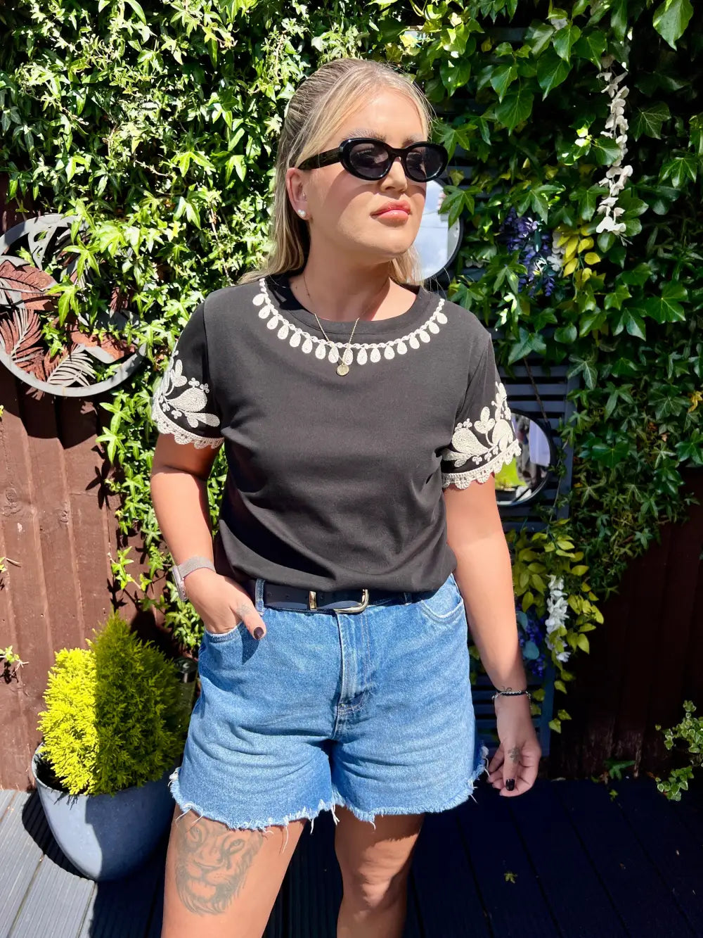 Katy Embroidered Sleeve T-Shirt BLACK