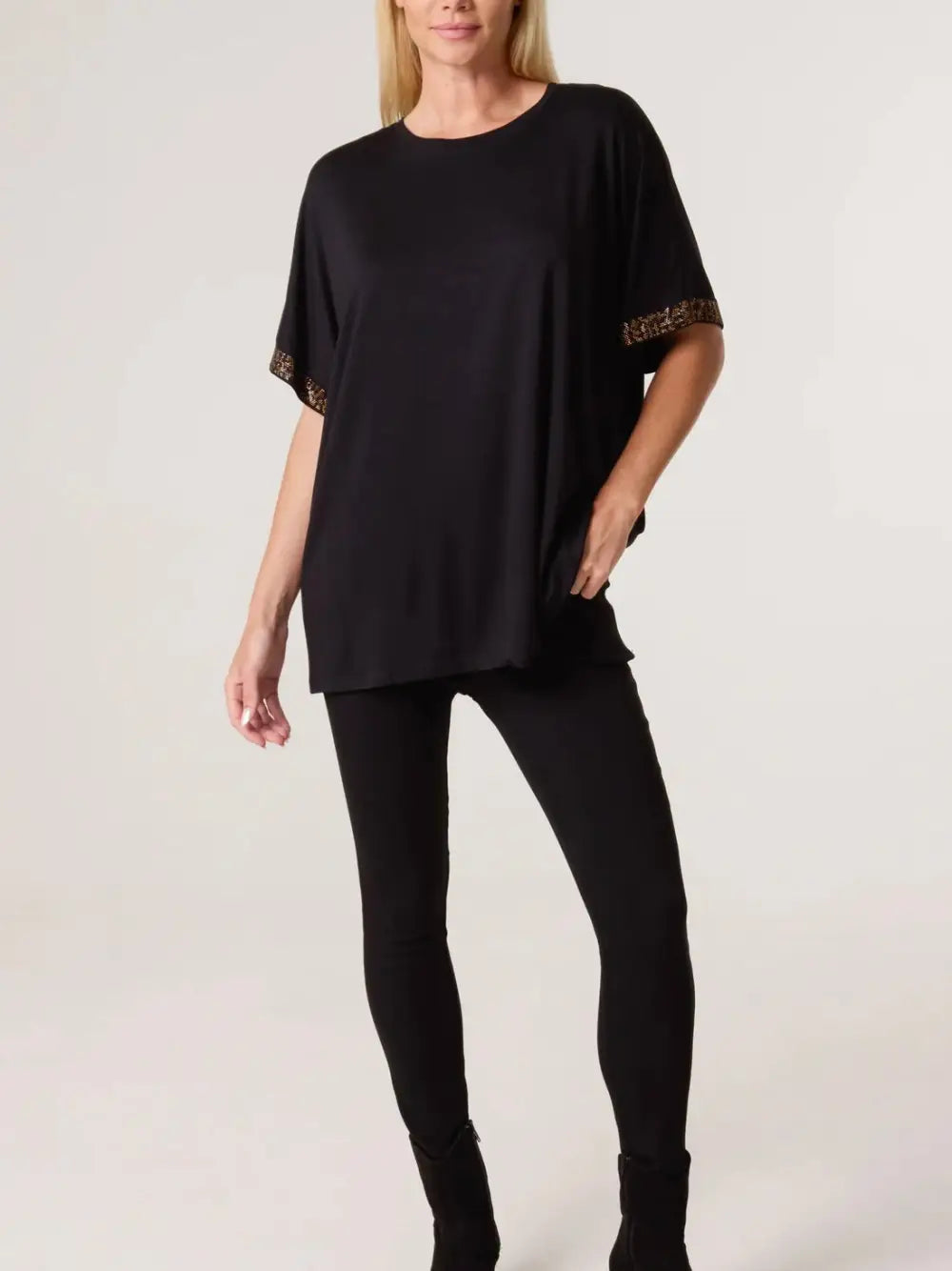 Kaycee Diamante Sleeve T Shirt BLACK