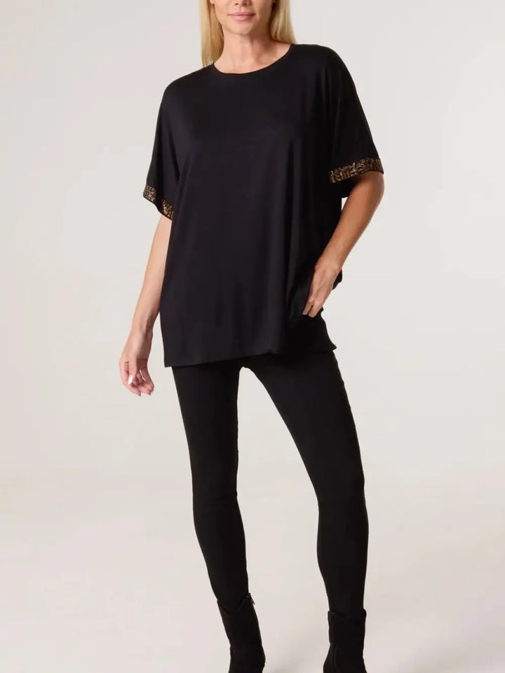 Kaycee Diamante Sleeve T Shirt BLACK