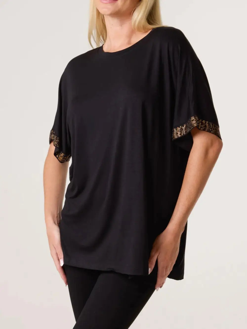 Kaycee Diamante Sleeve T Shirt BLACK M/L