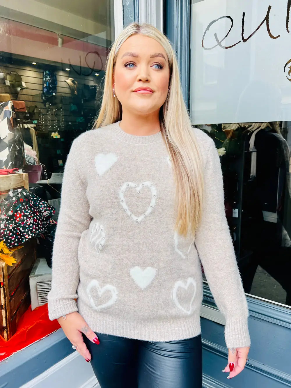 Keira Diamante Heart Jumper TAUPE