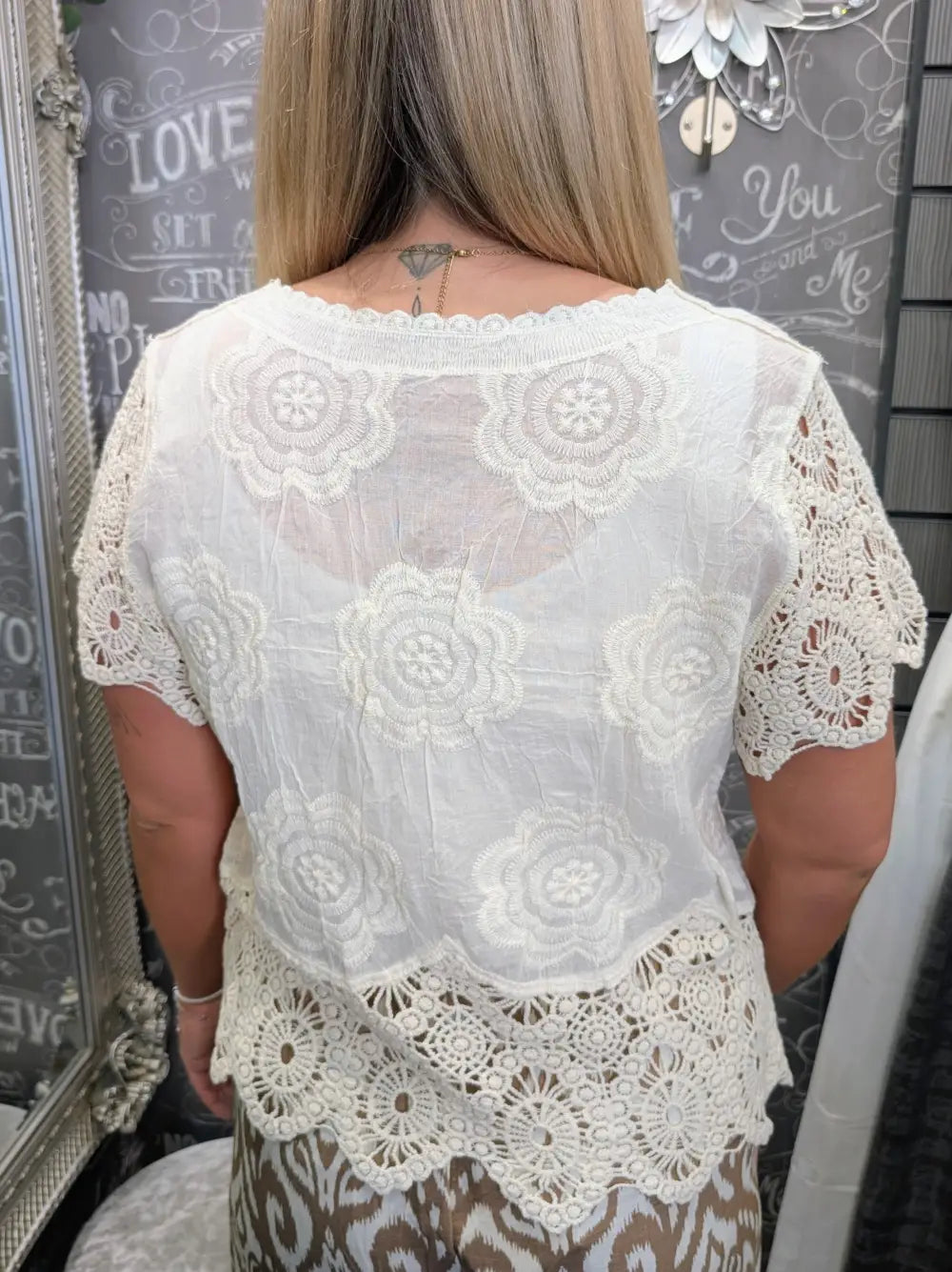 Kendra Crochet Sleeve Top CREAM